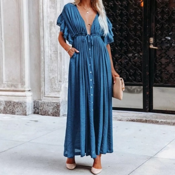 Dresses & Skirts - SOLD OUT Blue Gauze Boho Button Maxi Dress